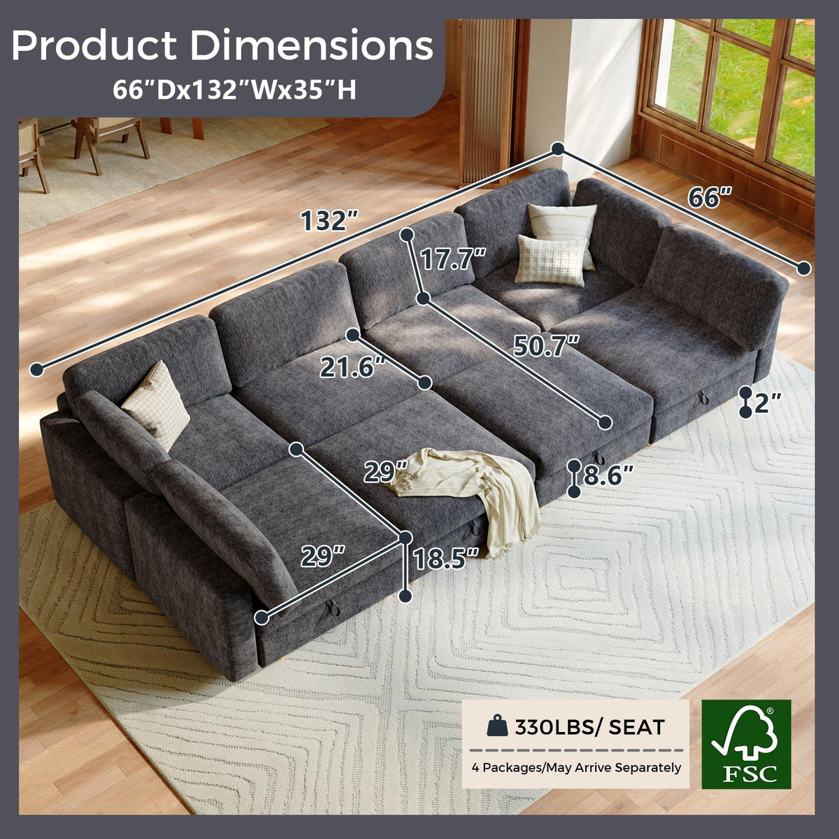 132" 8 Seat Modular Sectional Sofa Bed with Storage,Oversized Sleeper Couch Convertible L Shaped Couch with Movable Ottoman, Modern Style Sectional Couches for Living Room,Grey