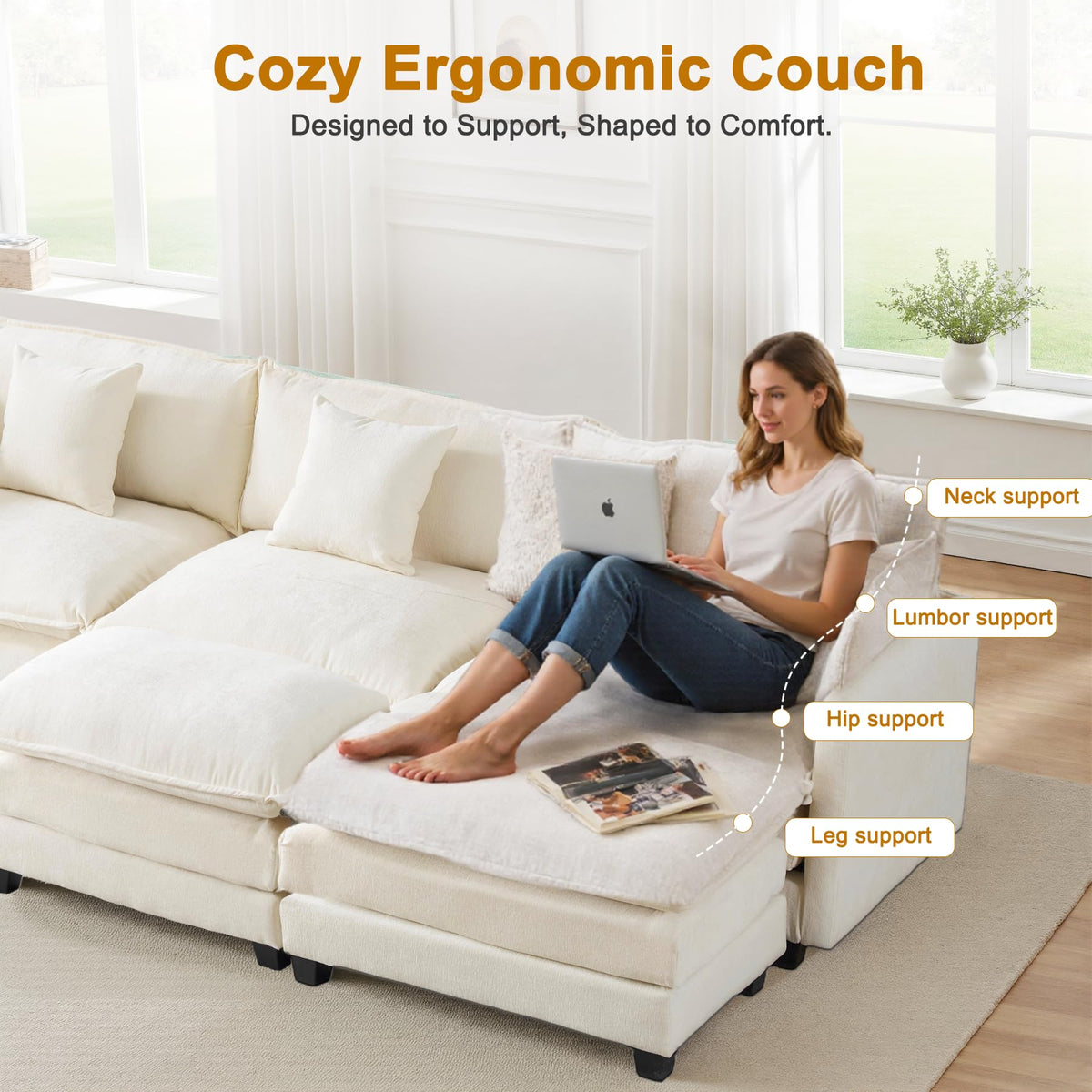 U-Shaped Cloud Chenille Sectional with 2 Ottomans, 146" Modular Sofa for Large Spaces, Ultimate Comfort with Deep Seats & Pillows, Solid Frame, 1YR Warranty, Beige