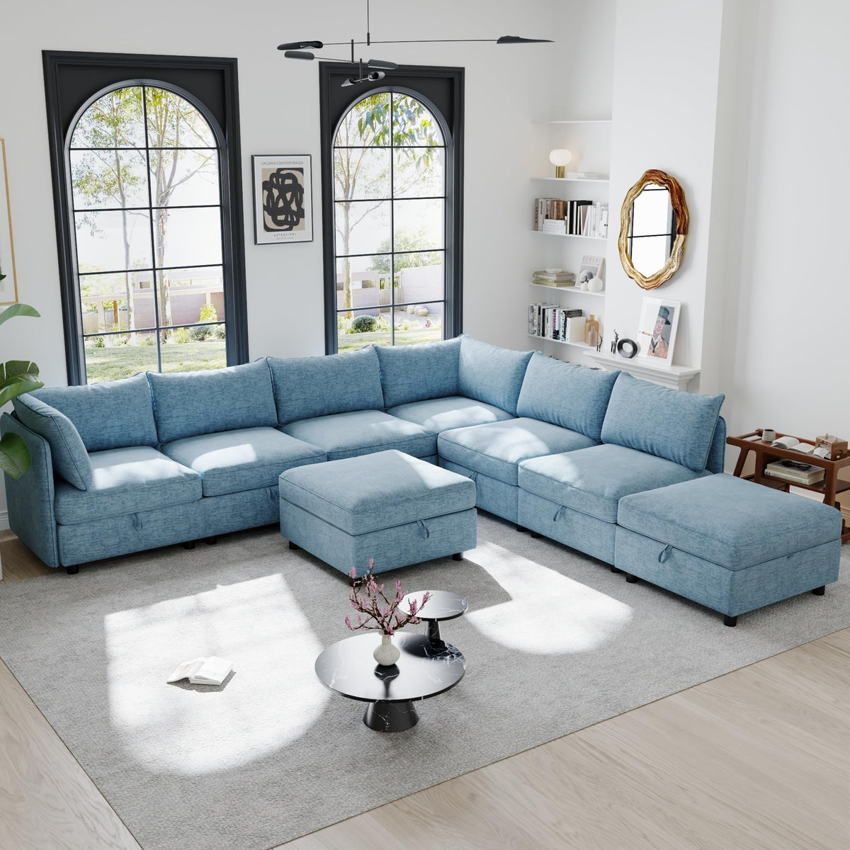 129” Modular Sectional Sofa, Convertible 6 Person U Shaped Couch with Storage, 2 Removable Ottomans & Deep Seats, Memory Foam, Comfy Modular Couch for Living Room (Antique Blue, 6 Seat)