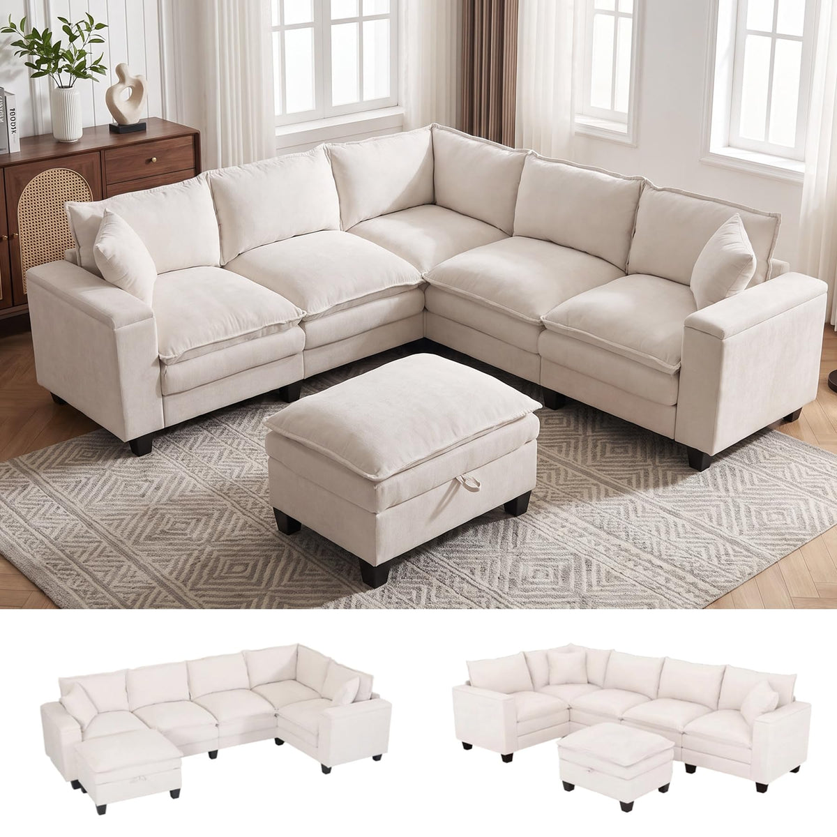 V Shaped Modular Sectional Couch with Storage Ottoman, Beige