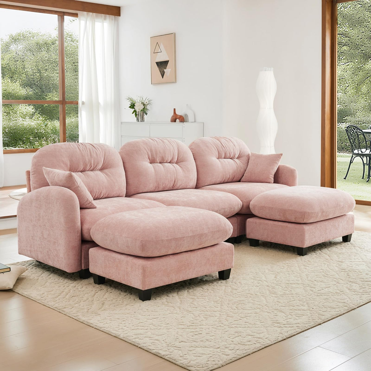 107" L Shaped Couch, Chenille Upholstered Modular Sectional Sofa, 3 Seater Deep Seat Sofa with Movable Ottoman, Modern Cloud Couch with Thick Seat Cushion, Sectional Couches for Living Room, Pink