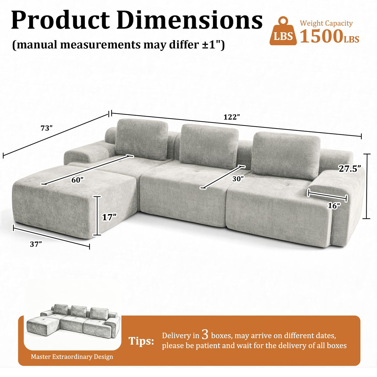 122" L-Shaped Modular Sectional Sofa, Oversized Boneless Cloud Couch for Living Room with Extra Deep Seat & High Back, Tool-Free No Assembly, Soft Chenille (Light Grey, 122 inch-L Shaped（3+1）)