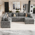 112.2" Sectional Sofa Pull-Out Bed Sleeper with Storage Ottoman Grey Chenille Living Room Cozy