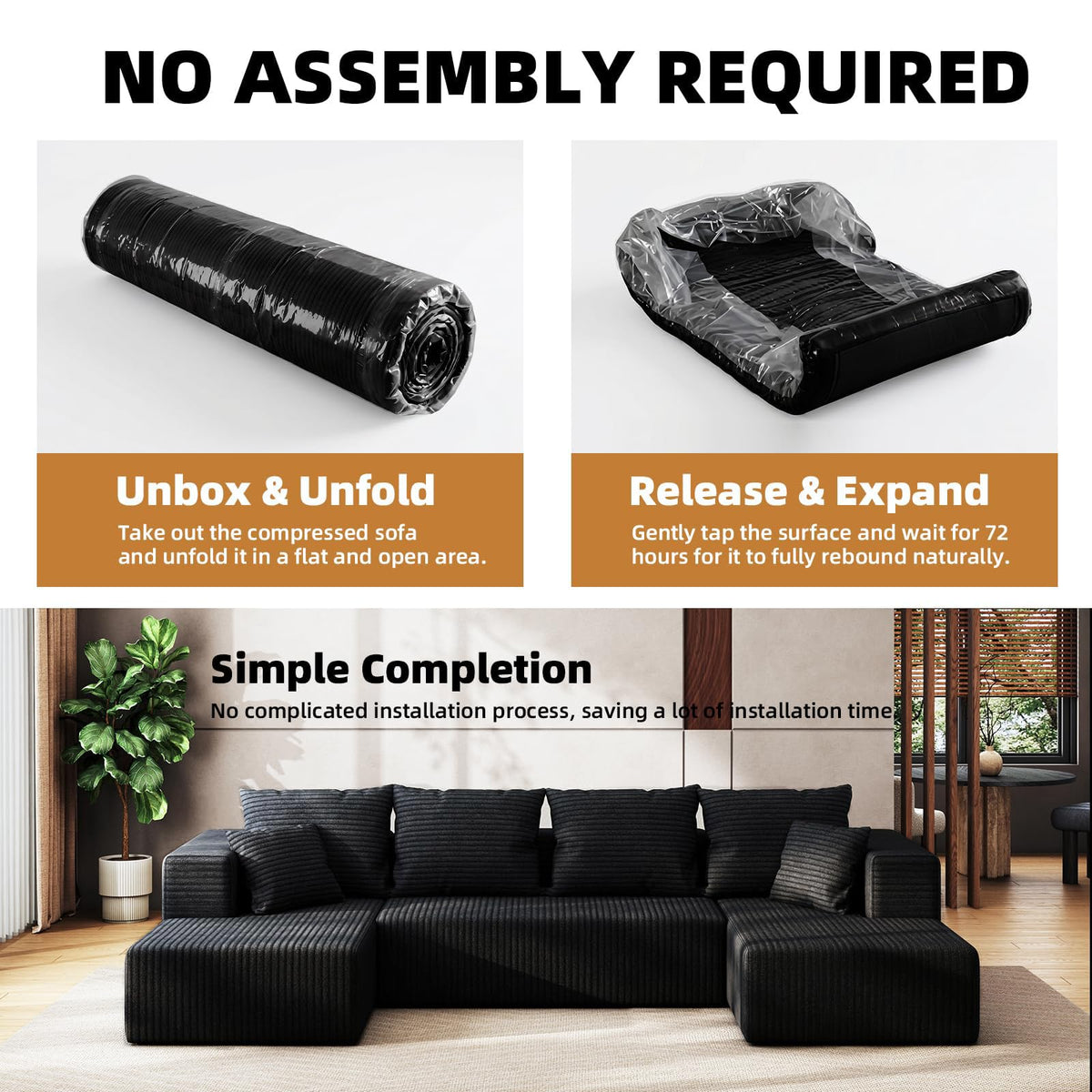 132" U Shaped Modular Boneless Sectional Couch, Corduroy Cloud Sofa