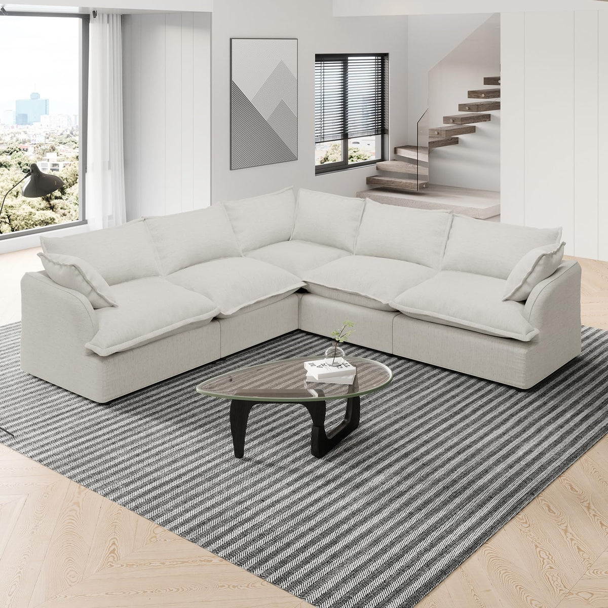 114.2" Cloud Sectional Couch L Shaped,Down Fill Couch,Linen,Grey