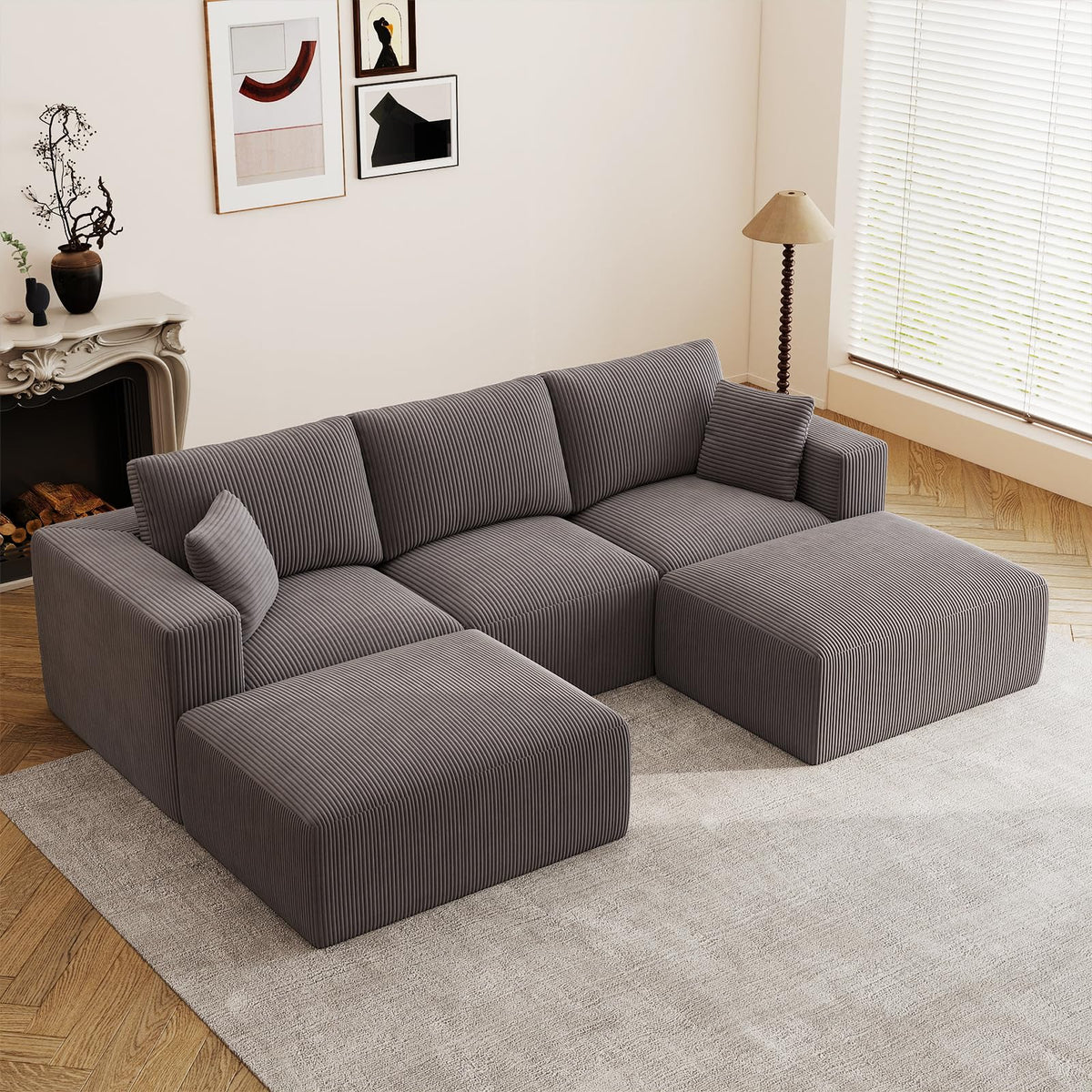 79" Modular Sectional Sofa, Cloud Couch Loveseat Memory Foam Boneless Couch with Chaise, Cozy Upholstered Corduroy Floor Couch, No Assembly Required Living Room Furniture for Apartment, Beige