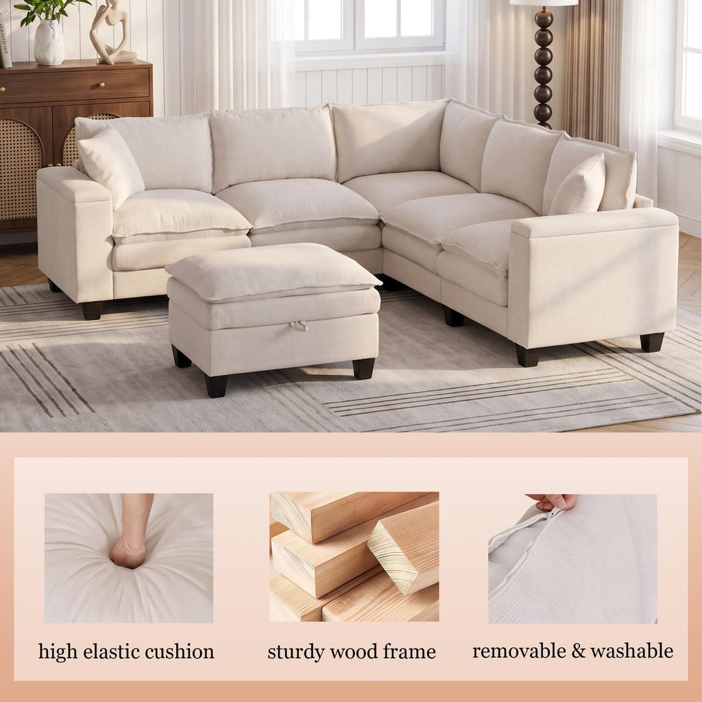V Shaped Modular Sectional Couch with Storage Ottoman, Beige