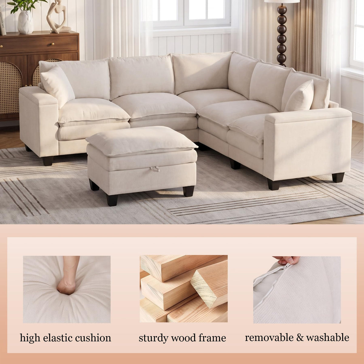 V Shaped Modular Sectional Couch with Storage Ottoman, Beige
