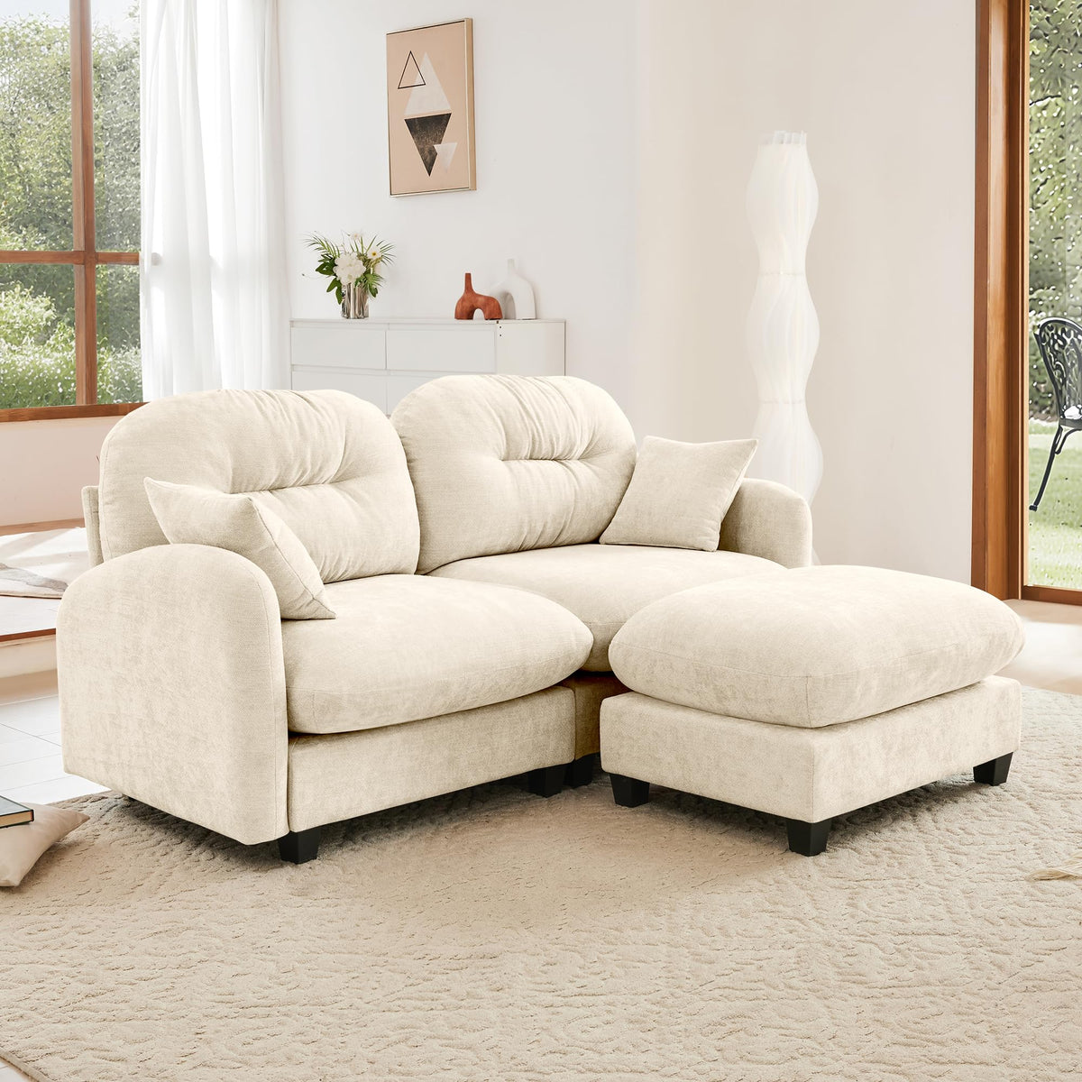 Tidyard Cloud Sectional L-Shaped Couch with Ottoman, Soft Chenille Fabric, Tufted Backrest, High-Density Foam, for Living Room Bedroom Reading Nook, Beige