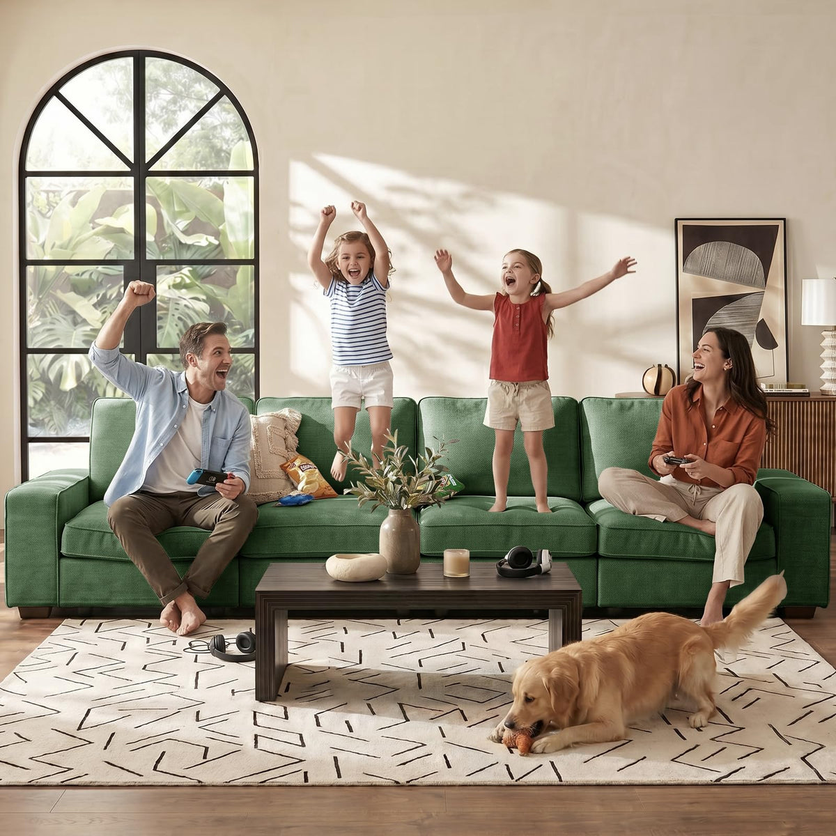 128" Modular Long Sofa with Full Seats Storage, 4-Seater Chenille Sofa Couch for Living Room, USB Charging, Solid Wood Frame, Wide Armrest, Side Pocket, Deep Seat, Comfy Spring Cushion (Green)