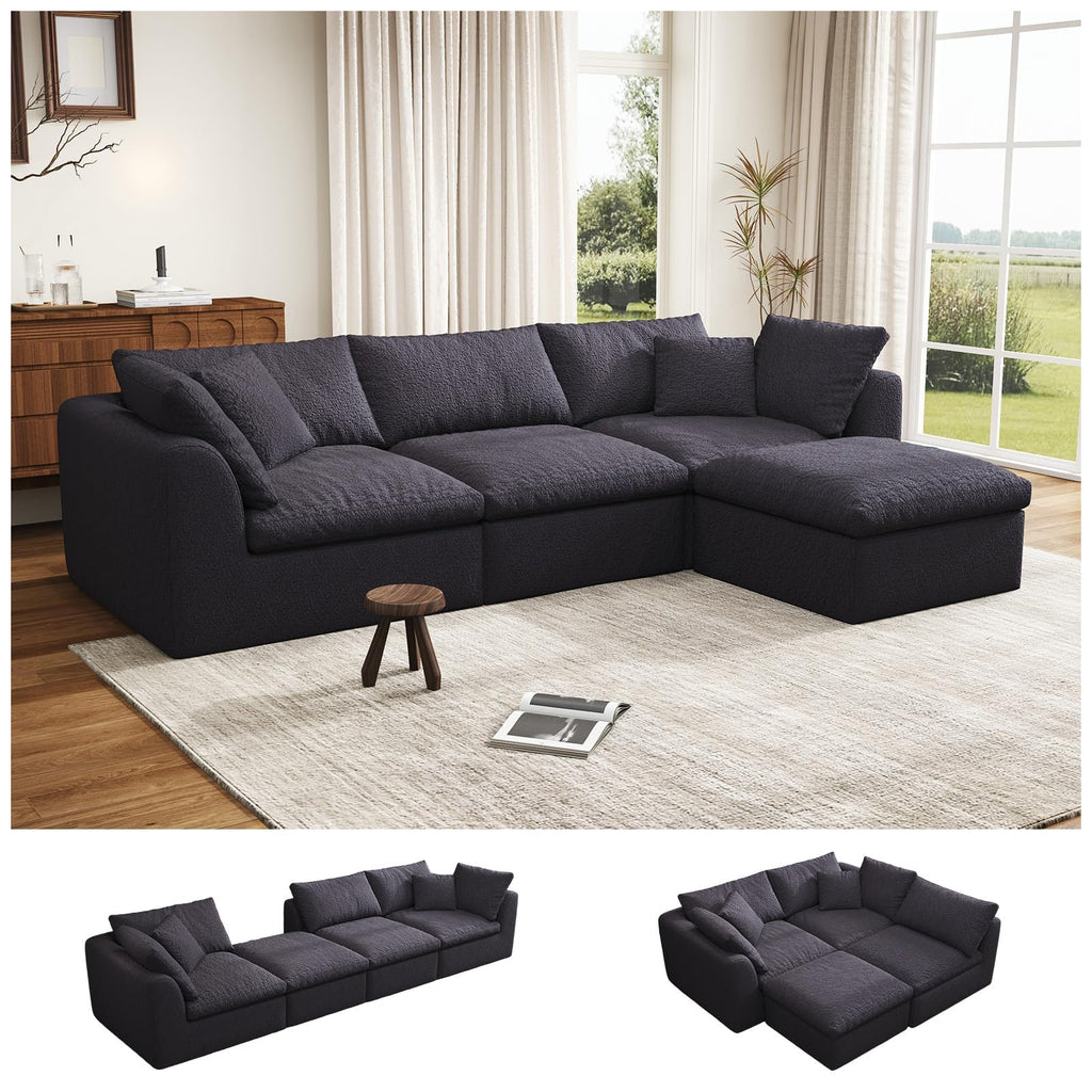 108" Modular Sectional Sofa with Movable Ottoman, No Assembly Required Boneless Cloud Couch, Deep Seat L Shaped Sectional Couches for Living Room, Bedroom and Apartment, White