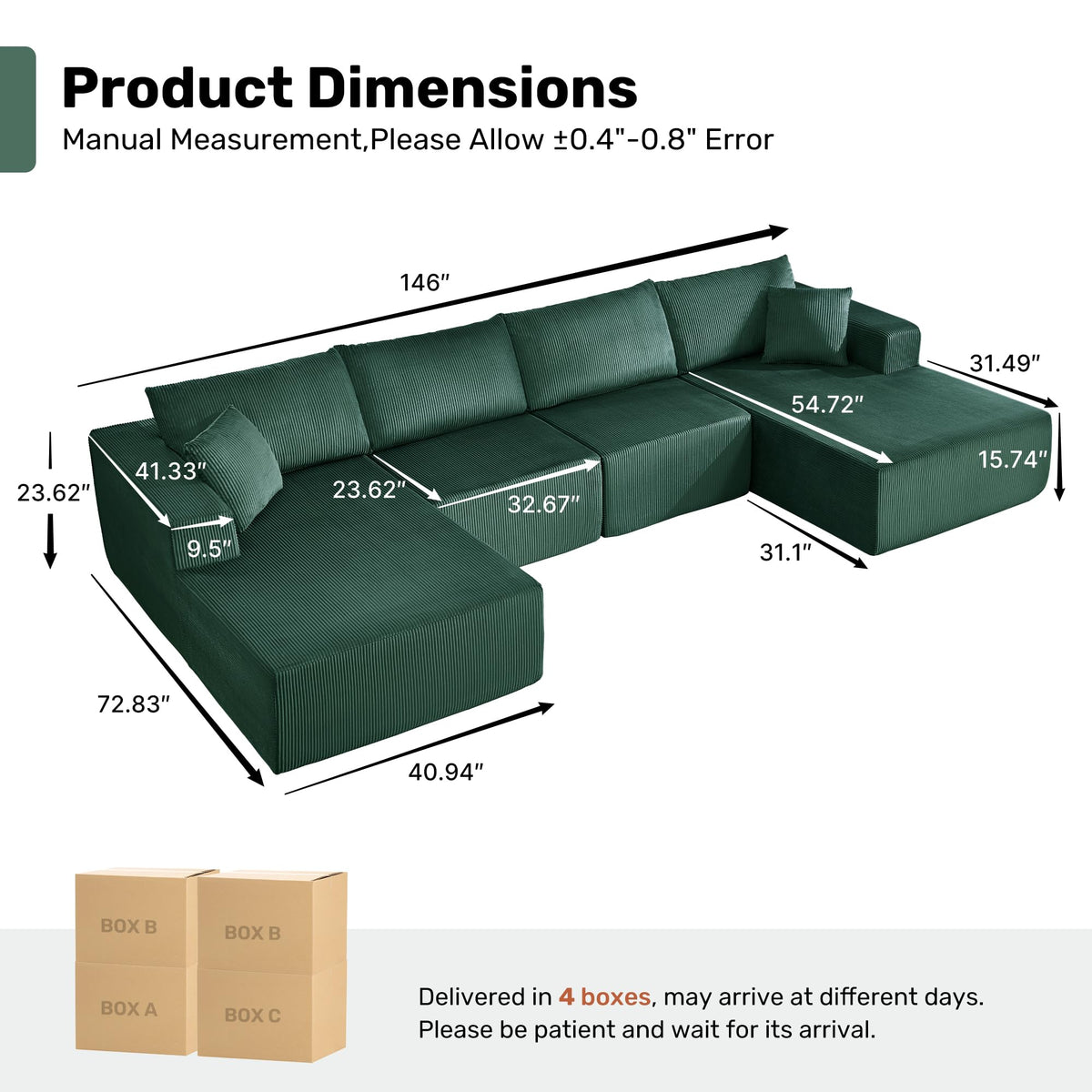 U-Shape Sectional Couch for Living Room,4 Seater Boneless Sofa Couch for Living Room Bedroom Apartments,146" Modular Sectional Corduroy Couch with Deep Seat,No Assembly Green