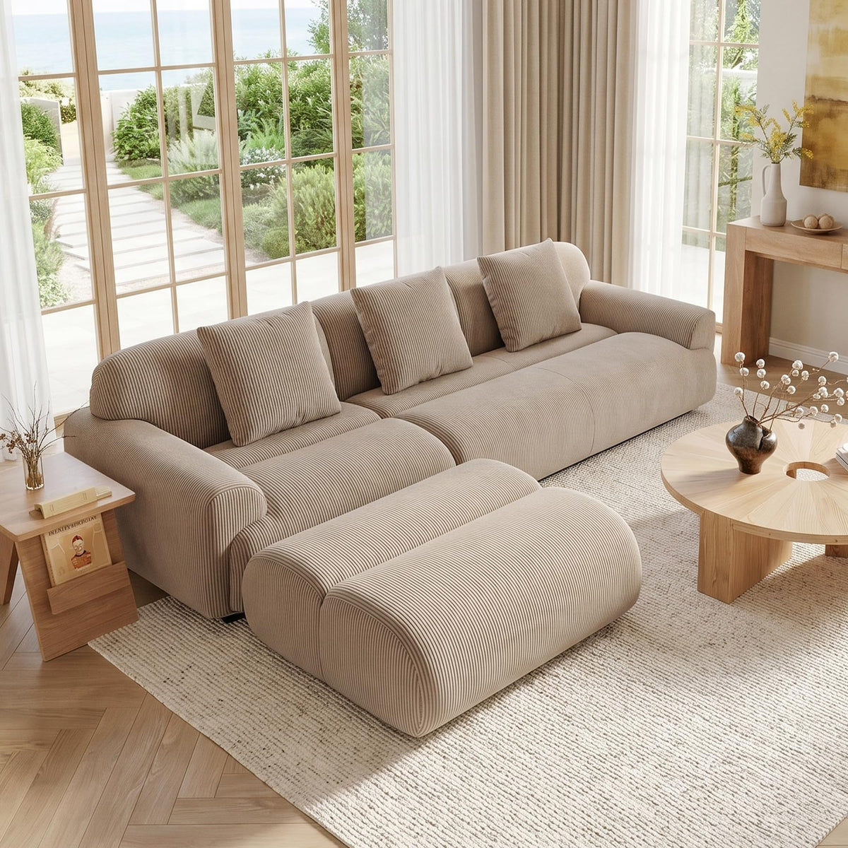 108" Curved Modular Sectional Sofa, Brown Boneless Couch with Ottoman, Corduroy Memory Foam L-Shaped Low Profile Sofa, No Assembly