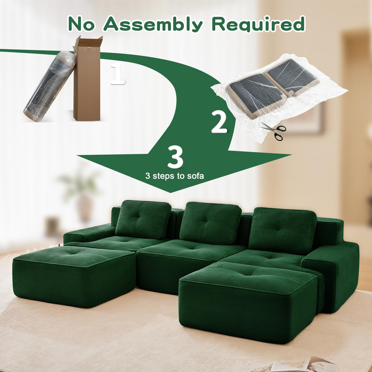 Tidyard 11? Modern U-Shaped Modular Sectional Sofa for Living Room, Corduroy Fabric 3-Seater with Movable Ottoman, Deep Seat, Tufted Design, No Assembly, Anti-Slip Base, Green