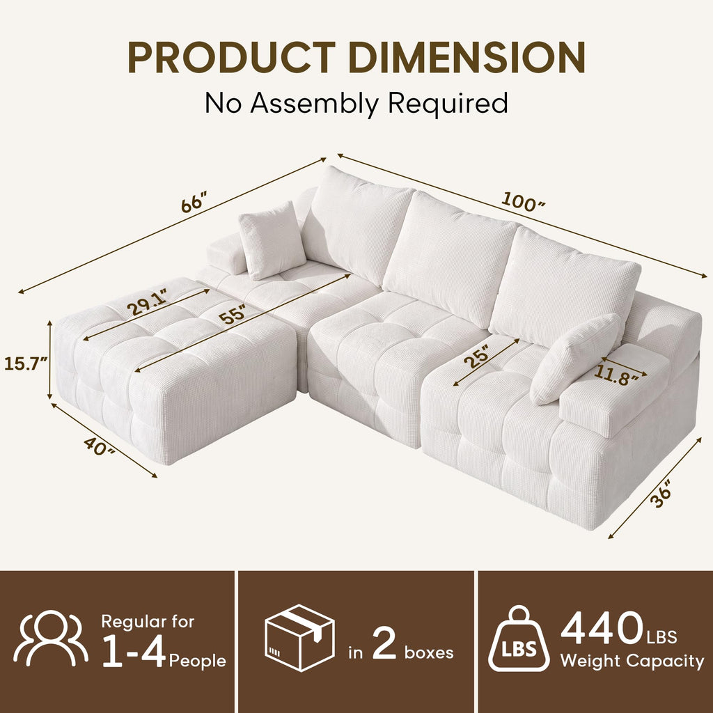 110" Cloud Sectional Couches for Living Room,Modern Convertible L-Shape Couch with Ottoman 3 Seater Chenille Fabric Comfy Cloud Couches with Movable Ottoman(Beige)