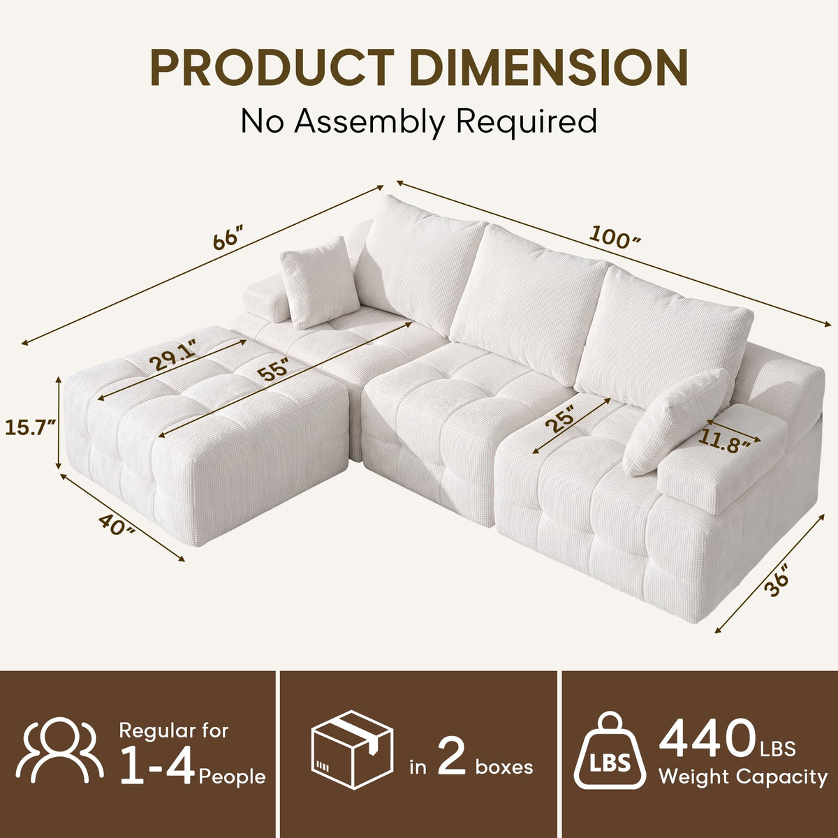 110" Cloud Sectional Couches for Living Room,Modern Convertible L-Shape Couch with Ottoman 3 Seater Chenille Fabric Comfy Cloud Couches with Movable Ottoman(Beige)