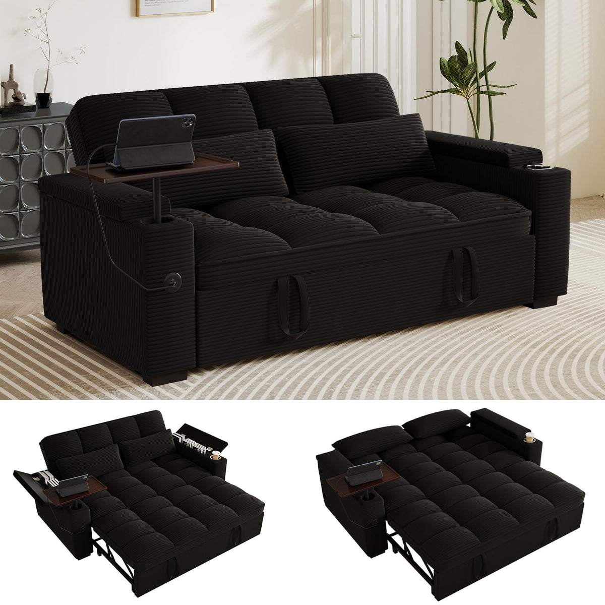 108”Pull Out Sofa Bed, U Shaped Sleeper Sofa for Living Room, Black