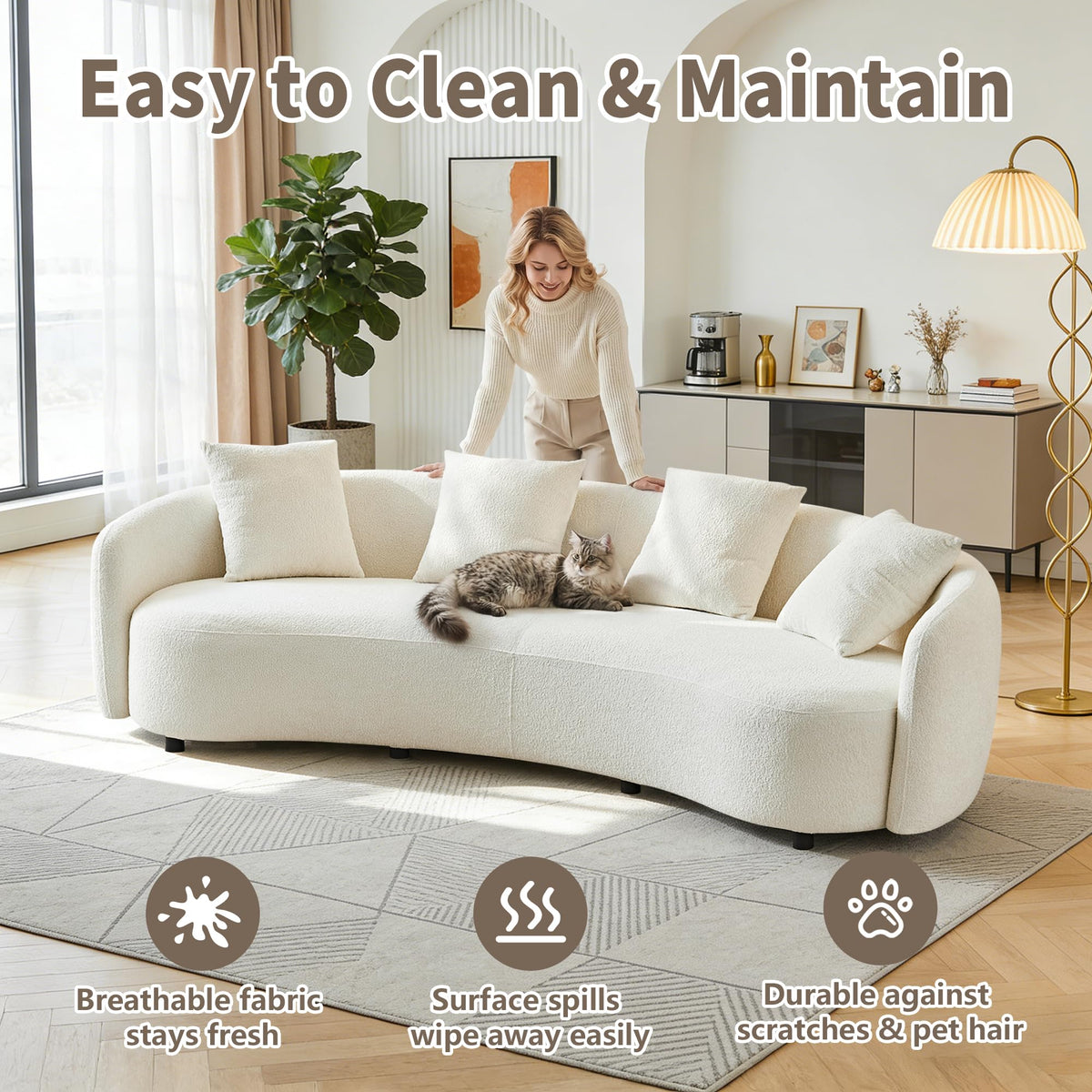100inch Curved Sofa, 4-Seater Modern Cloud Couch with 4 Throw Pillows, Solid Wood Frame & Soft Boucle Upholstery, Sectional Sofa for Living Room,Apartment, Cream White (No Assembly Required)