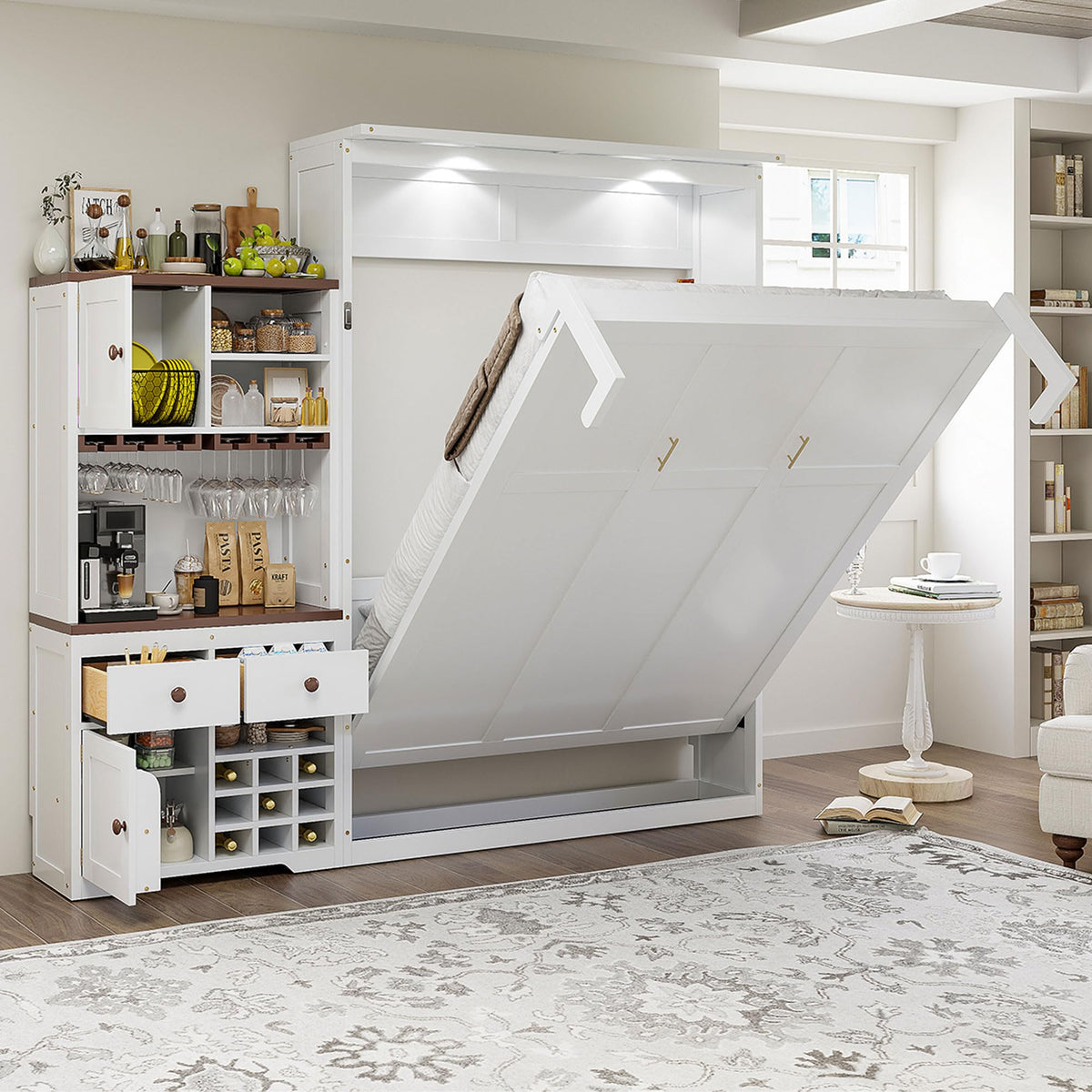 Twin Size Murphy Bed with Open Shelving, Sofa Front and Printed Panel