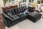 110" Oversized Cloud Sectional Boneless Couch, Modular Chenille L-Shaped Compressed Sofa with Ottoman & 3-in-1 Multi-Purpose Pillow, 3 Seater Memory Foam Couches for Living Room, Gray