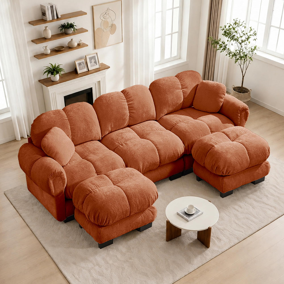 103.9" Modular Cloud Couch, Oversize U-Shaped Sectional Sofa with Ottoman, Deep Seat Chenille Couch, Anti-Slip Design, Modern 3-Seater Sofa for Living Room/Apartment/Bedroom, Brown