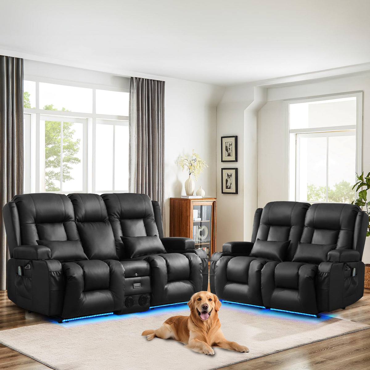 TUNYI Power Loveseat Recliner Sofa, Faux Leather Reclining Sofa with Console RV Reclining Loveseat Couch with USB/Outlet/Storage/Side Pocket/LED Light/Speaker (Black, Loveseat)