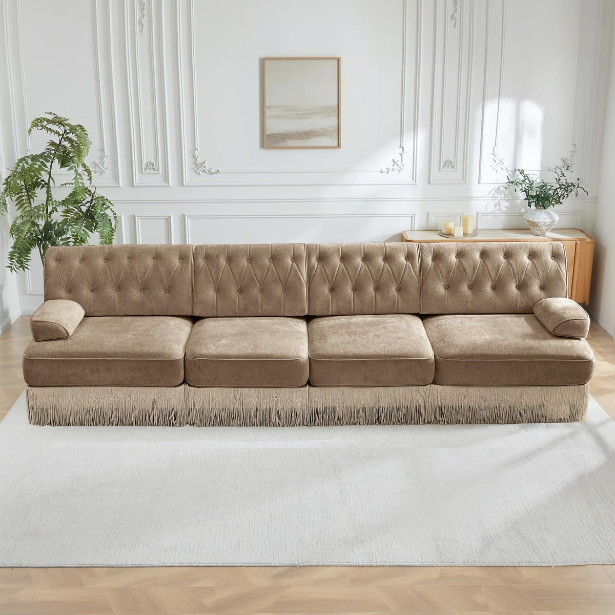 Velvet Modular Sectional Sofa, 135.6 Inch Chesterfield Style, Camel