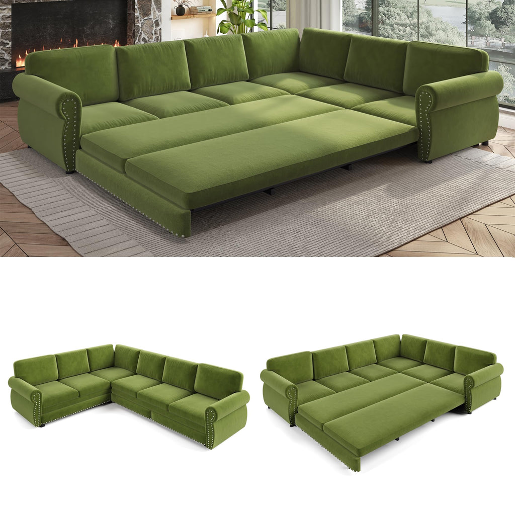 118" Oversized Sleeper Sofa with Pull Out Bed, Chenille L Shaped Convertible Sectional Sleeper Couch with Nailhead Trim & Rolled Arm, 6-Seater Couches for Living Room, Blue