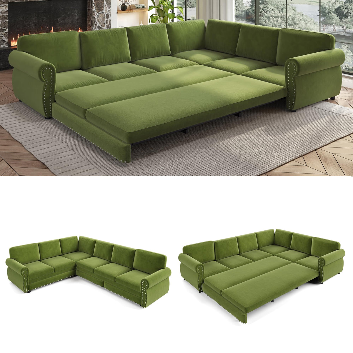 118" Oversized Sleeper Sofa with Pull Out Bed, Chenille L Shaped Convertible Sectional Sleeper Couch with Nailhead Trim & Rolled Arm, 6-Seater Couches for Living Room, Blue