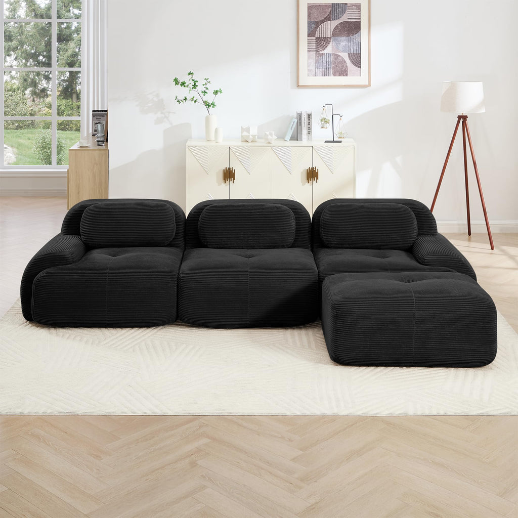 116" Corduroy Modern Minimalist Style Modular Sectional Couch, Convertible Modular Cloud Sleeper Sofa with Ergonomic Design, Modern Boneless Compressed Floor Sectional Sofa for Living Spaces, Black