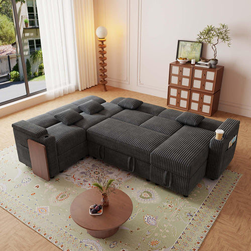 100'' Sectional Sleeper Sofa, Corduroy U Shaped Reclining Couch, Dark Gray