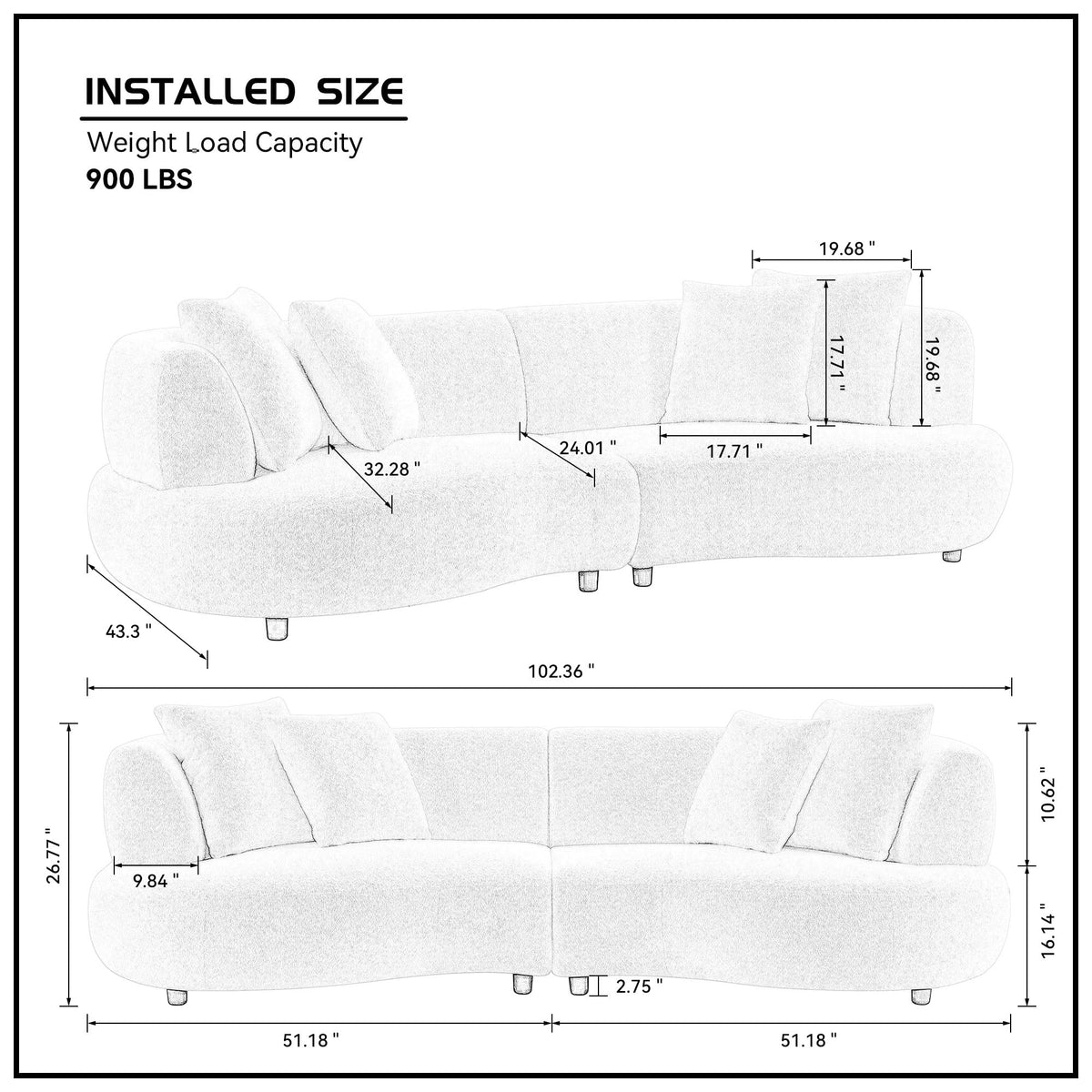 102.36" Cream White Curved Boucle Sofa, 4 Seater Deep Cloud Couch