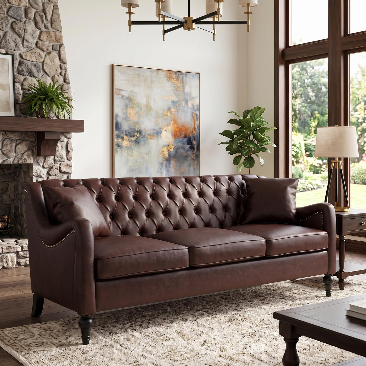 103" L-Shaped Chesterfield Sofa, Tufted PU Leather Sectional Couches for Living Room, 6-Seat Vintage Corner Couch, Black