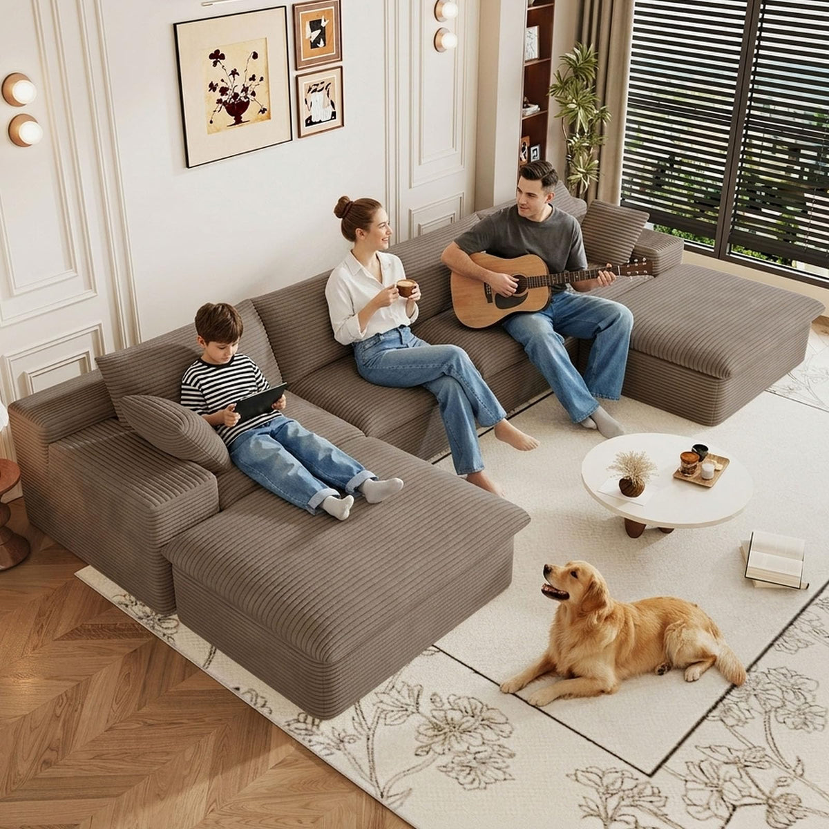 107" Cloud Couch Modular Sectional Couchs with Chaise Lounge, U-Shape Boneless Couches with Ottoman for Living Room, Corduroy Sofa with Deep Seat, No Assembly Required (Green, Left Facing Chaise)