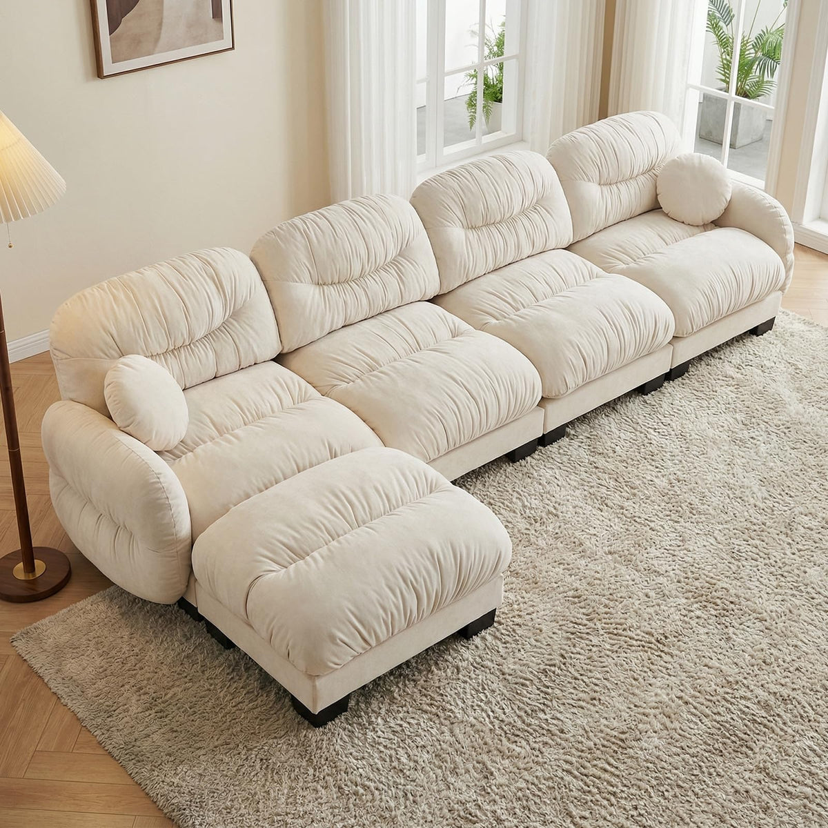 116" U Sectional Couches for Living Room, 3 Seater Modular Couch with 2 Ottoman, Cloud Sofa with Soft Chenille Fabric, High-Density Foam Cushion, Living Room Furniture, Beige