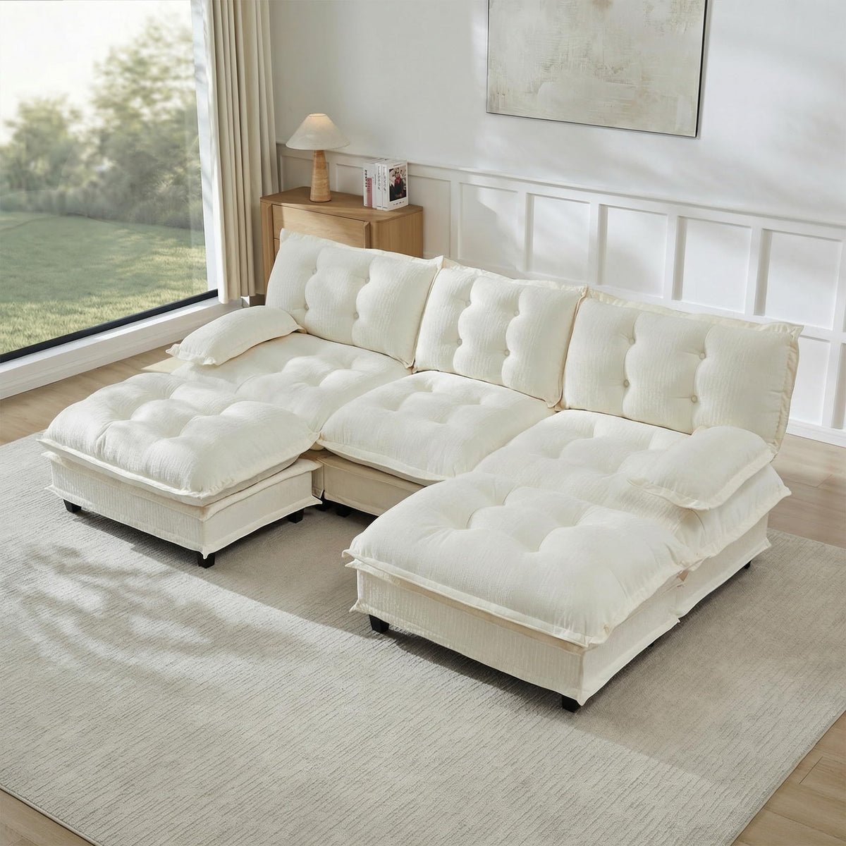 U Shaped Modular Sectional Sofa - 108" Chenille Cloud Deep Seat Couch with Ottoman, 5-Seat Comfy Lattice Decored Seat Cushion for Living Room, Apartment,Light Coffee