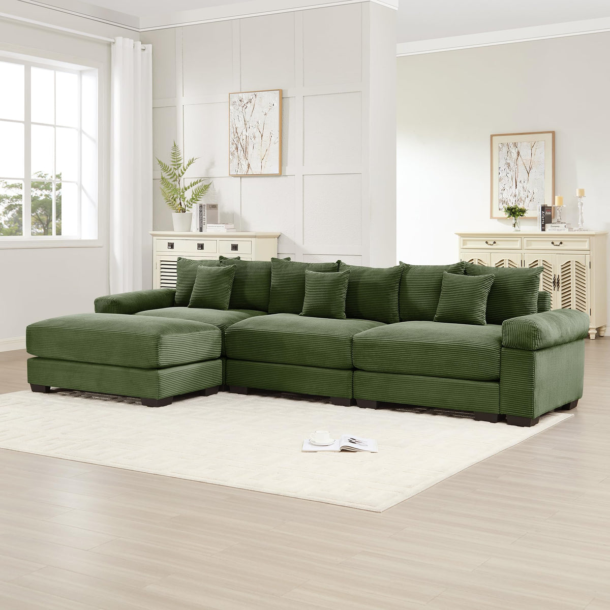 130" Oversized Modular 3-Seater Sectional Sofa, Cloud Corduroy Fabric with Extra-Thick Armrests, Ergonomic Deep Seat Couch for Living Room, Easy Assembly Sofas for Living Room(Cream)