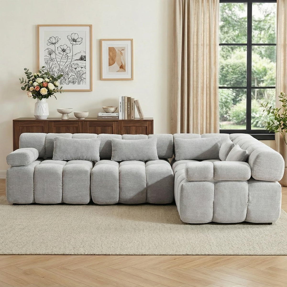 WELAX 114" Boneless Cloud Sectional Couches, Modular Couch L-Shape with Ottoman & Pillows, Luxury Design Chenille Sofa, 4 Seater Home Comfy Sofas for Livingroom, Bedroom, Grey