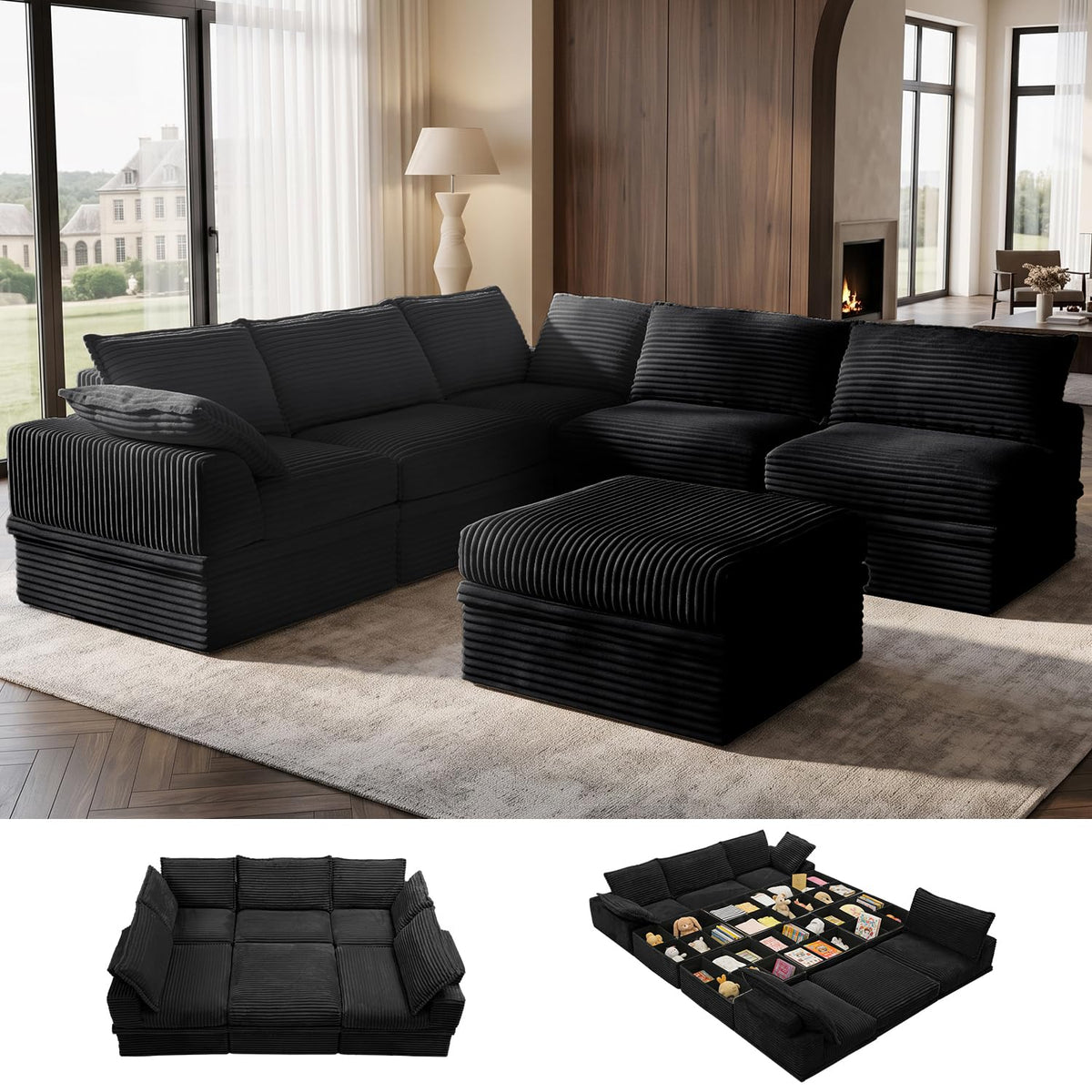 Upgraded Boneless Couch with Storage, 107" Modular Sectional Sofa Couches for Living Room, Extra Deep&High 3 Seater U-Shaped Boneless Sofa with Ottoman, Tool-Free Assembly, Black