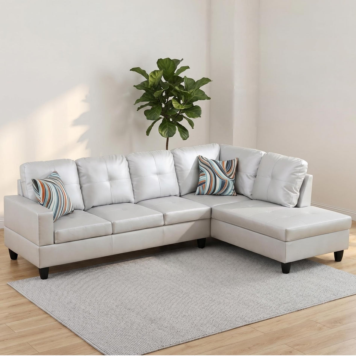 103.5" Sectional Couch with Movable Ottoman, L Shaped 4 Seater PU Faux Leather Sofa w/Chaise Lounge, Comfy Modern Modular Couch for Living Room, Apartment, White Stripes, Right, 3PCS