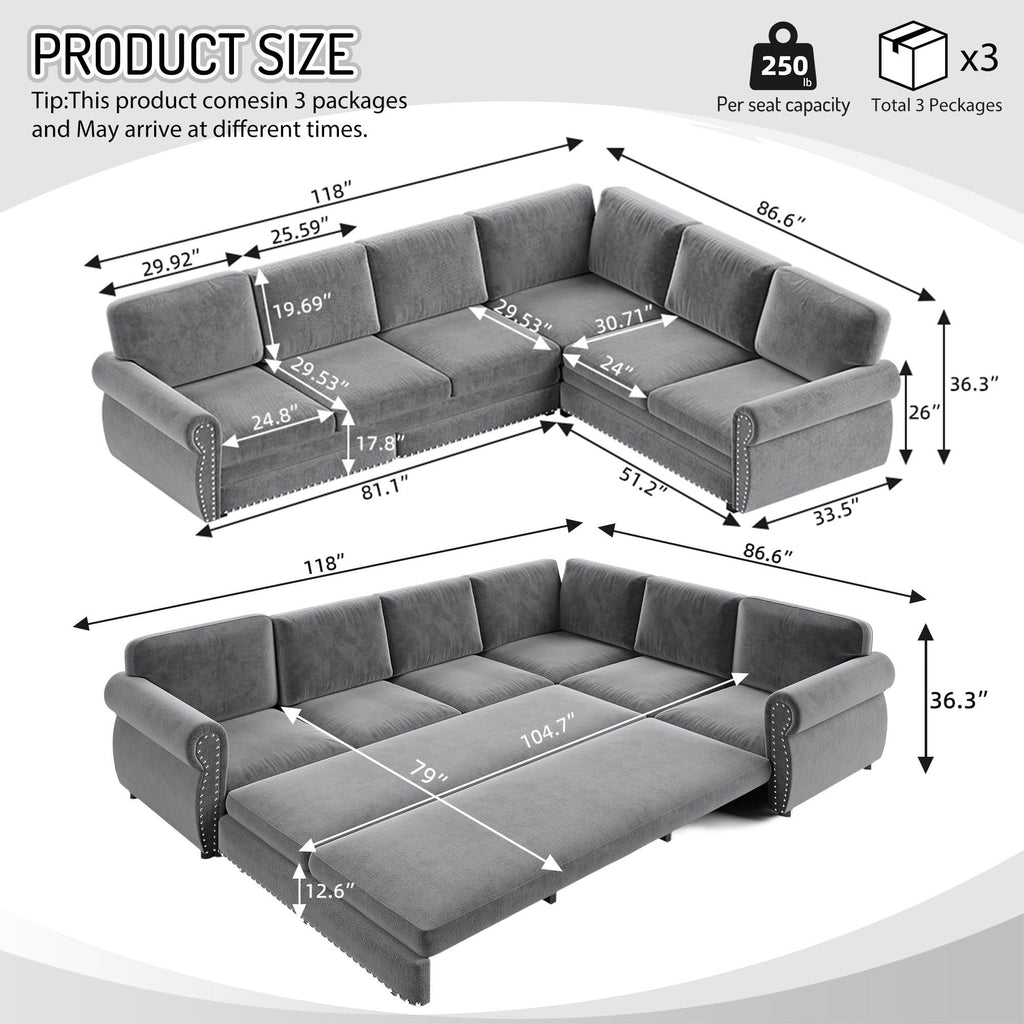 118'' Pull Out Couch, Convertible Sleeper Sofa Bed, Upholstered Sectional Sofa, Chenille L-Shaped Couch with Nailhead Trim, Modern Sectional Couches for Apartment, Living Room, Light Grey