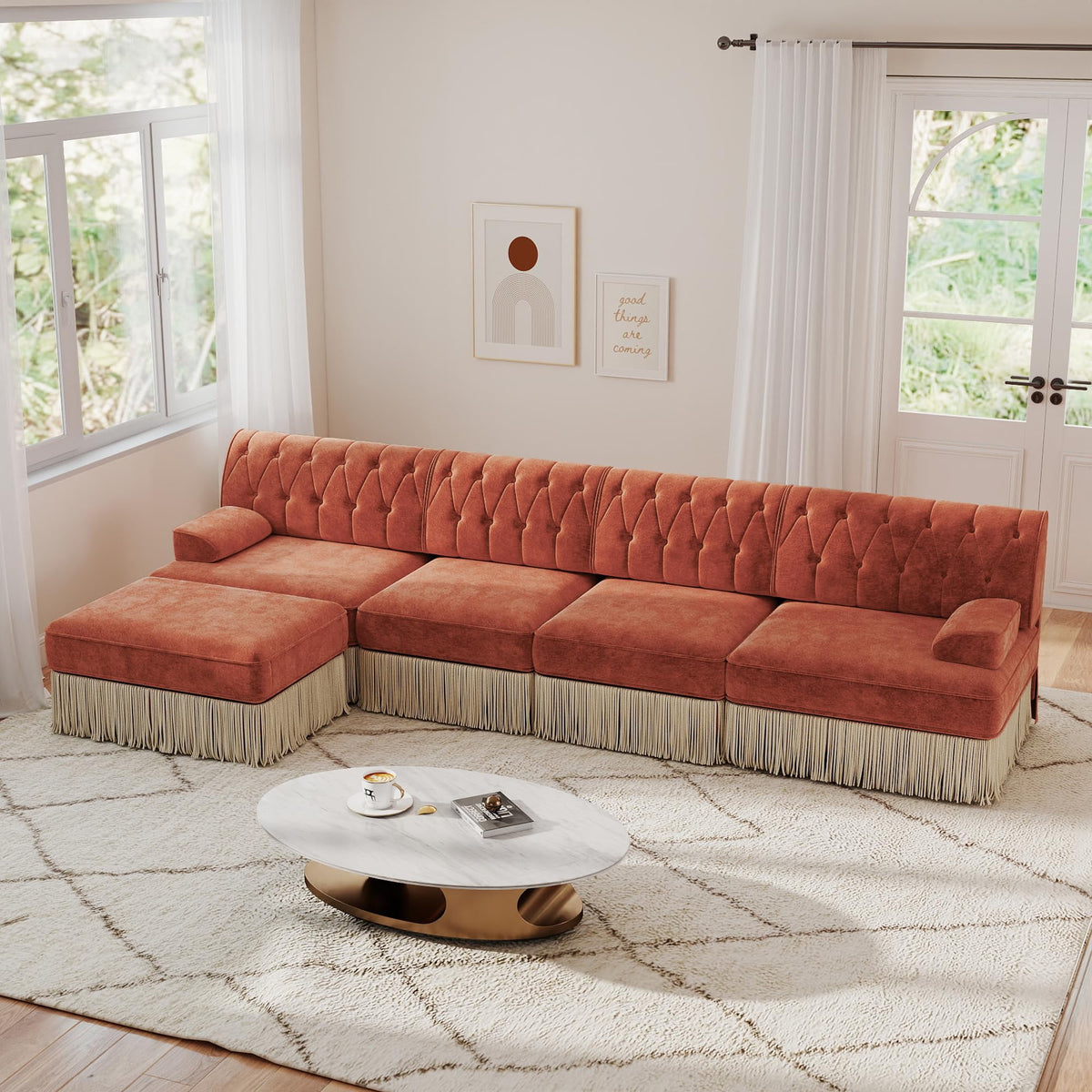Unique Chesterfield Style Modular Sectional Sofa, 135.6” L-shaped Boneless Sofa with Velvet Fabric, Floor-grazing Tassel Fringe Skirt and Button Tufted Design for Living Room, Easy to Assemble, Beige