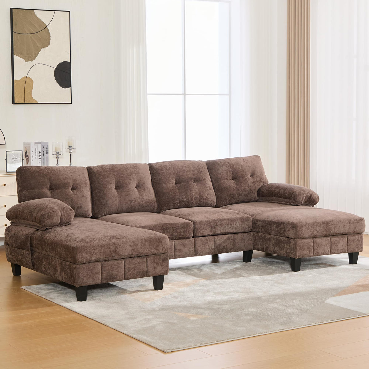U Shaped Sectional Sofa 103.5" Chenille Fabric Couch with Dual Chaise Lounges, Storage Pockets and Armrest Pillows for Living Room, Brown