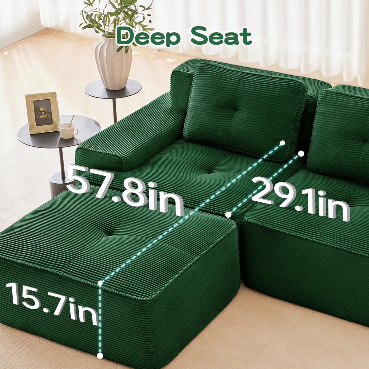 Tidyard 8? Modern L-Shaped Modular Sectional Sofa for Living Room, Corduroy Fabric 2-Seater with Deep Seat, Movable Ottoman, Tufted Design, No Assembly, Anti-Slip Base, Green