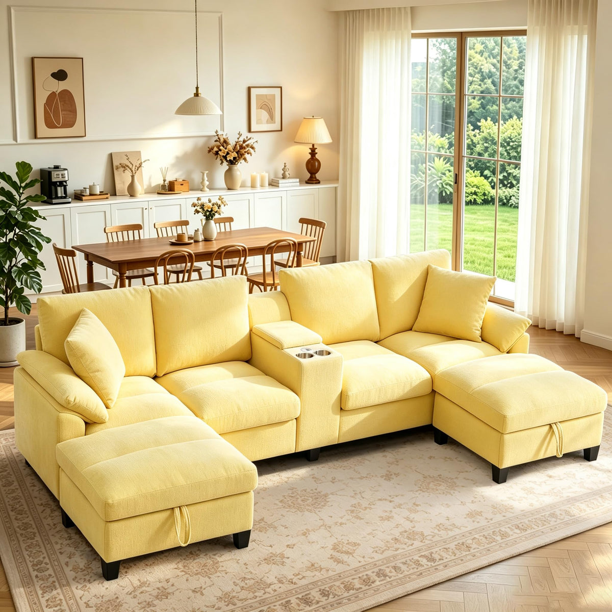116" U Shaped Couch with Console, Sectional Couch Set with Double Chaise Lounges | Storage Ottoman & Console with USB Ports | 4 Seat Sofa with Cup Holder, Modern Linen Couches for Living Room, Yellow