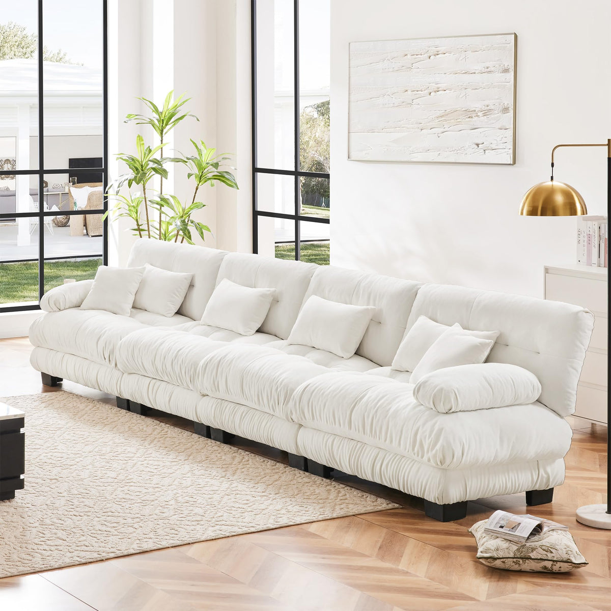 134" Oversized 3 Seater L Shaped Modular Sectional Sofa, Large Sectional Couches for Living Room, Chenille Cloud Couch with Pillows, Living Room Deep Seat Sofas with 3 Seats & 1 Ottoman, Pink