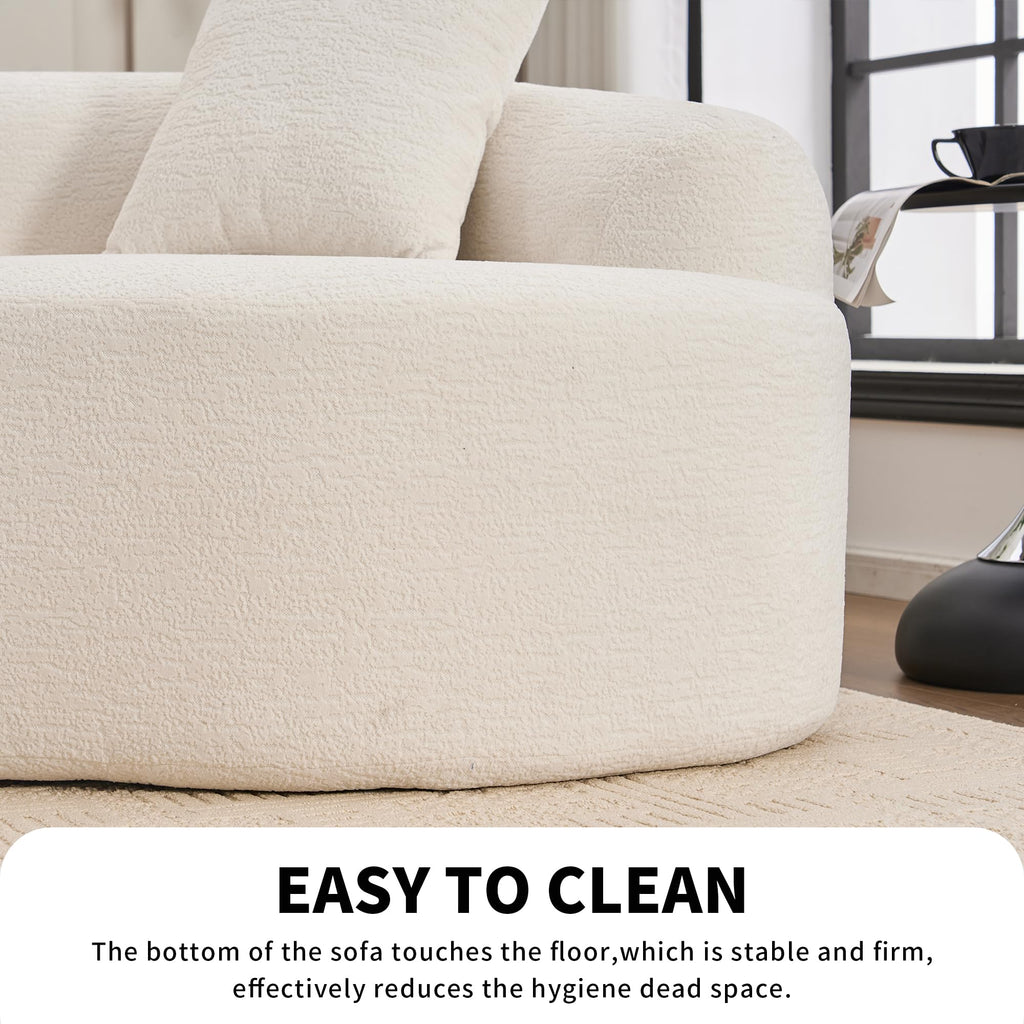 110" Sectional Sofa Round Curved Couch, Modern 4 Seat Sofa with Wood Grain Chenille Fabric, Comfy Deep Seat Sponge Couch with 4 Pillows for Living Room, White