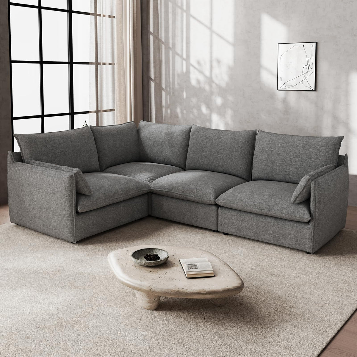 Waterproof Cloud Sectional Couches,High Backrest Down Filled Sofa for Living Room,94.5" Modular Sofas L-Shaped with Ottoman,Detachable Couch Covers,Cream White