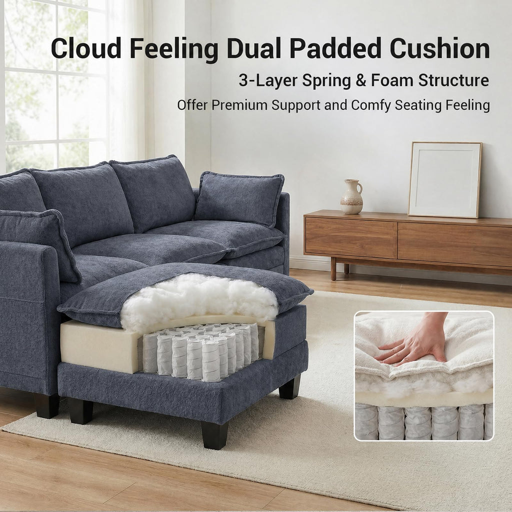 108" Modular Sectional Sofa Cloud Couch - U Shape Sofa with Charging Station Side Storage - Chenille Comfy Couches with Ottoman Movable for Living Room Bedroom Apartment Office, Blue