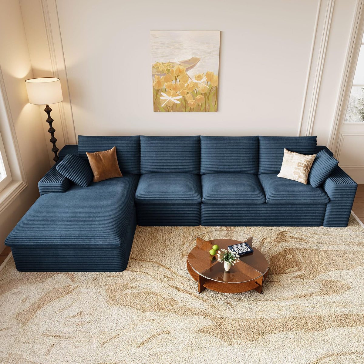 107" Cloud Couch Modular Sectional Couchs with Chaise Lounge, U-Shape Boneless Couches with Ottoman for Living Room, Corduroy Sofa with Deep Seat, No Assembly Required (Green, Left Facing Chaise)